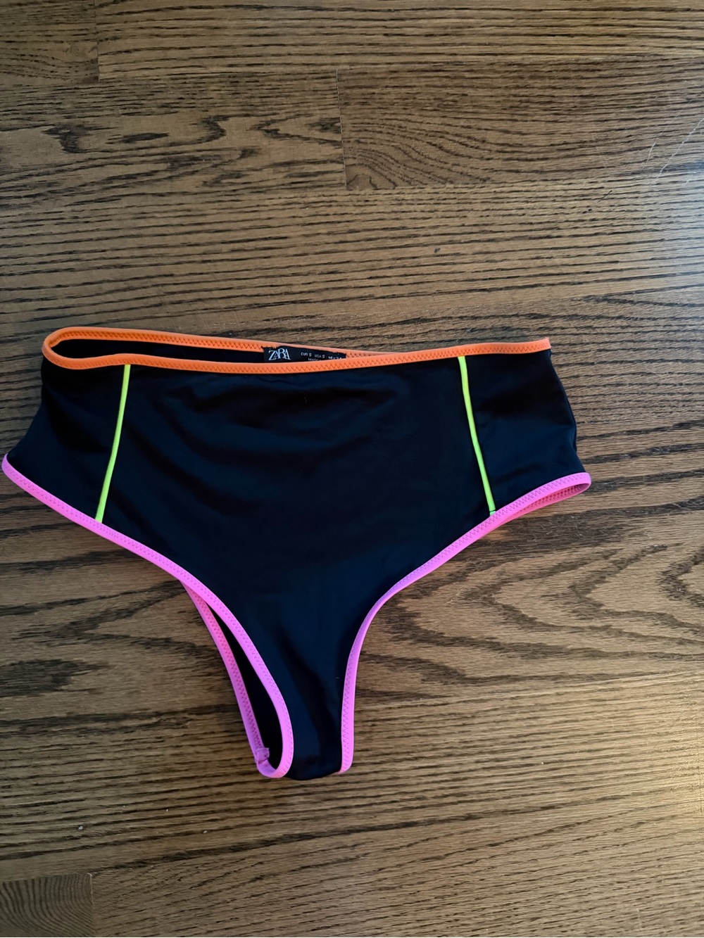 Zara Black High-Cut Bikini Bottom with Neon Orange, Pink & Yellow Trim